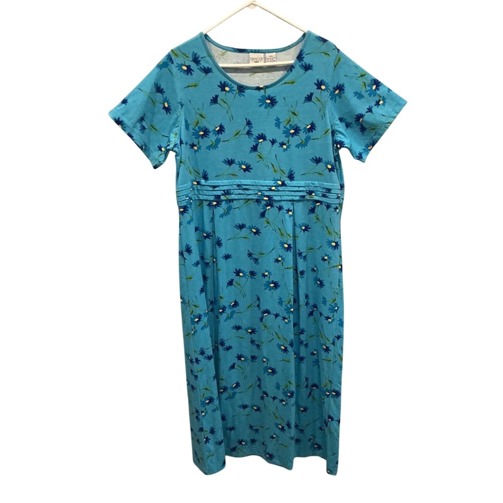 Vtg Womens Cotton Maxi Dress 16W Blue Floral 90s School Teacher Summer Modest